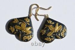14kt Gold Antique Japanese Shakudo Hawk Earrings