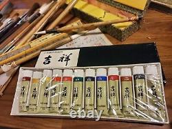 $1 AUCTION 18x Fine Ink Brushes + INK Calligraphy Bokuteki Writing Shodo Suzuri