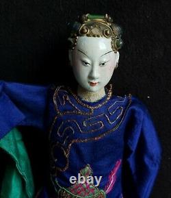 2 Fine Antique Carved Wood Jointed Japanese Opera Dolls in Silk Clothes