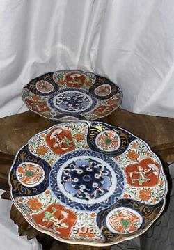 2 Fine Antique Japanese Meiji Period Imari Porcelain Floral Bonsai Charger Plate