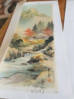 3 Antique Signed japanese fine art oriental Watercolours Silk Panels mount fuji