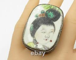 925 Silver Antique Japanese Geisha Painting Large Royal Ring Sz 6 R4775