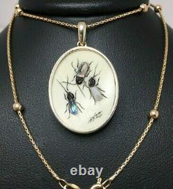 9ct Shibayama Insect Necklace Antique Japanese Signed 9ct Unusual QTY Chain 7.3g