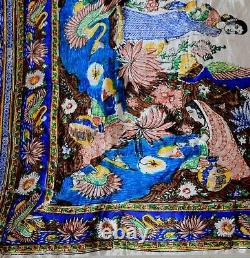 ANTIQUE Fine Rare CHINESE/ CHINA /JAPANESE SILK PEACOCK PRINT TAPESTRY BED SHEET