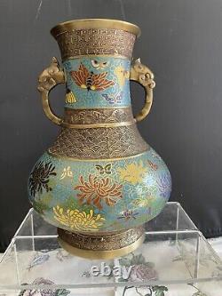 ANTIQUE JAPANESE CHAMPLEVE CLOISONNE VASE 12 Tall Fine Vase