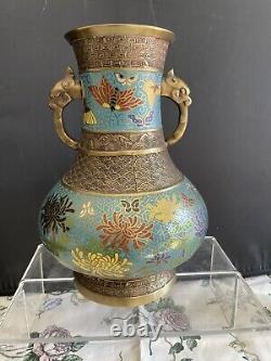 ANTIQUE JAPANESE CHAMPLEVE CLOISONNE VASE 12 Tall Fine Vase