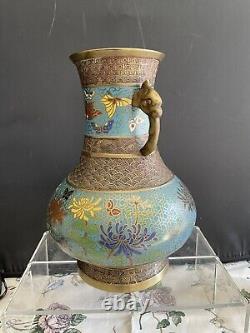 ANTIQUE JAPANESE CHAMPLEVE CLOISONNE VASE 12 Tall Fine Vase