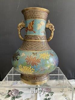 ANTIQUE JAPANESE CHAMPLEVE CLOISONNE VASE 12 Tall Fine Vase