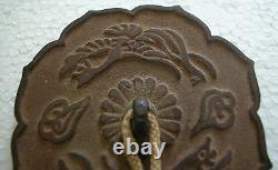 A Fine Antique Japanese Iron Weight Or Pot Cover Decorated Flower And Birds