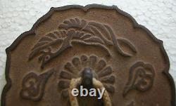 A Fine Antique Japanese Iron Weight Or Pot Cover Decorated Flower And Birds