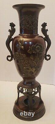 A Fine PAIR Japanese Meiji BRONZE Mixed Metal Vases with Swallows & Flowers 16