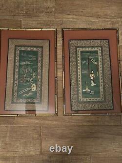 A Fine Pair Of Geisha Japanese Silk Embroidery/Tapestries Green BEAUTIFUL