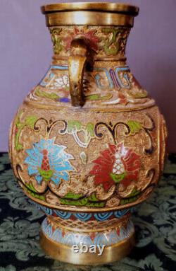 Antique Champleve Japanese Cloisonne' Dual Phoenix Birds Rising+ Vase Fine