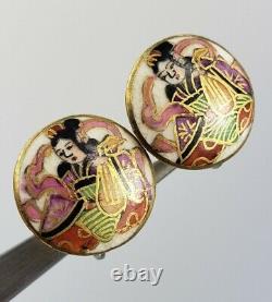 Antique Chinese Sterling Silver Porcelain Painting Earrings Art Asian Japanese