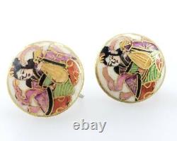 Antique Chinese Sterling Silver Porcelain Painting Earrings Art Asian Japanese