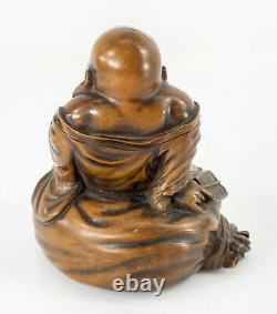 Antique Fine Japanese Carved Boxwood Buddha Hotei Okimono Netsuke Signed