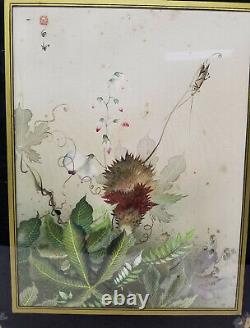 Antique Fine Japanese Gouache Watercolor Painting Cricket Grasshopper Chinese