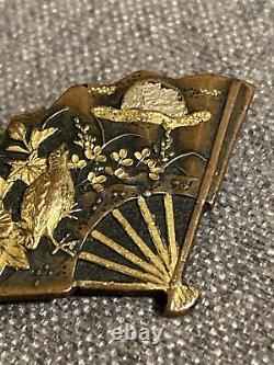 Antique Fine Japanese Meiji Shakudo Gold & Mixed Metal Fan Shape Pin Brooch