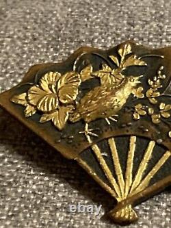 Antique Fine Japanese Meiji Shakudo Gold & Mixed Metal Fan Shape Pin Brooch