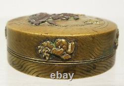 Antique Fine Japanese Mixed Metal Bronze Snuff Small Trinket Box Samurai Crane