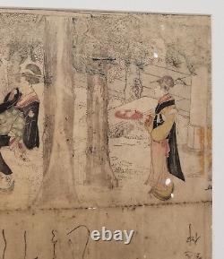 Antique Fine Japanese Woodblock Painting Print Calligraphy Signed Some Wear