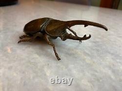 Antique Finely Cast Japanese Rhino Rhinoceros Beetle Netsuke Brass Okimono