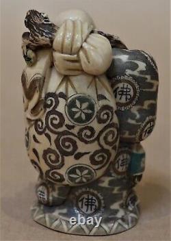 Antique Hand Carved & Signed Japanese Statue Happy Merchant With Very Fine Work