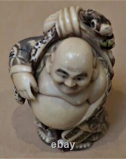 Antique Hand Carved & Signed Japanese Statue Happy Merchant With Very Fine Work
