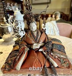 Antique Japanese Edo Period Signed Empress Doll On Stand WithFine Costume/Headress