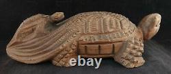Antique Japanese Finely Carved Wood Turtles. Baby riding parent. 12 ½ x 6