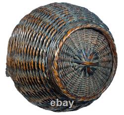 Antique Japanese Ikebana Bamboo Basket Wisteria Handle Fine Rope Weave Mid Meiji
