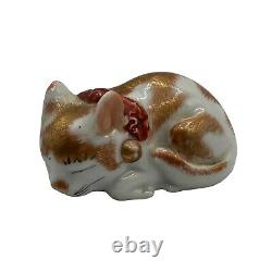 Antique Japanese Kutani Porcelain Fine Details Sleeping Cat Pet Animal Figurine