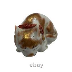 Antique Japanese Kutani Porcelain Fine Details Sleeping Cat Pet Animal Figurine