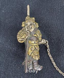 Antique Japanese Meiji Shakudo Menuki Warrior & Wiseman Lapel Collar Pins