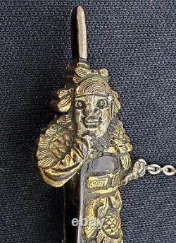 Antique Japanese Meiji Shakudo Menuki Warrior & Wiseman Lapel Collar Pins