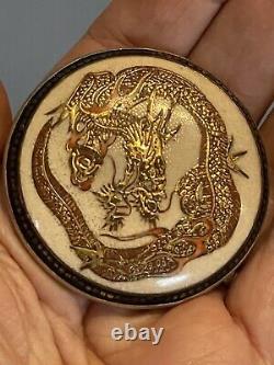 Antique Japanese Satsuma Gold Dragon 1 3/4 Brooch Pin Button Fine Silver
