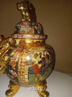 Antique Japanese Satsuma Moriage Tripod Koro Censer With Lid Gold Dragon Handles