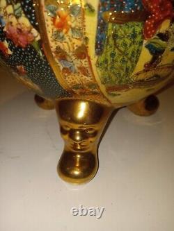 Antique Japanese Satsuma Moriage Tripod Koro Censer With Lid Gold Dragon Handles