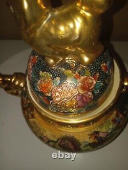 Antique Japanese Satsuma Moriage Tripod Koro Censer With Lid Gold Dragon Handles