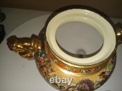 Antique Japanese Satsuma Moriage Tripod Koro Censer With Lid Gold Dragon Handles