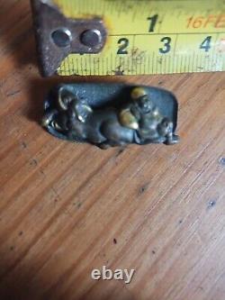 Antique Japanese Shakudo Bronze Metal Scene Pin or Brooch Sitting Man & Animal