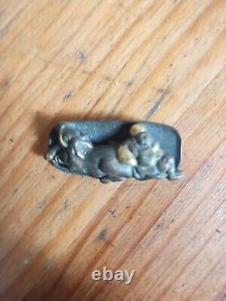 Antique Japanese Shakudo Bronze Metal Scene Pin or Brooch Sitting Man & Animal