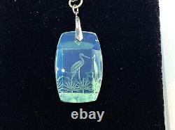 Antique Japanese Silver Intaglio Heron Opaline Crystal Glass Pendant Necklace