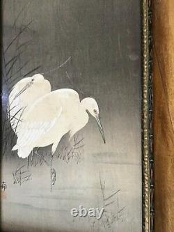 Antique Japanese Woodblock print Cranes original signed framed Japan fine art