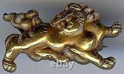 Antique Menuki Japan Fine Gold Shishi Foo Dog Lion Pin Brooch