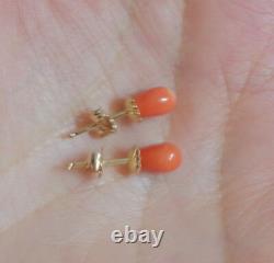 Antique Quality Rare Old Red Salmon Momo Japanese 7 MM Coral Stud Earrings Aa