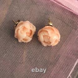 Antique Vintage 14K Japanese Carved Angel Skin Coral Peony Flower Earrings
