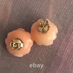 Antique Vintage 14K Japanese Carved Angel Skin Coral Peony Flower Earrings
