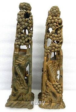 Antique pair Chinese fine carved wood scenic candle holder figure lamps Japanese
