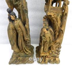 Antique pair Chinese fine carved wood scenic candle holder figure lamps Japanese